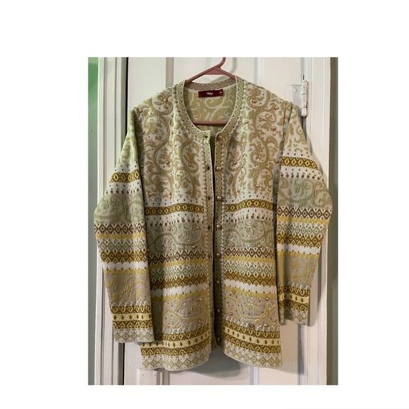 EUC Stylish Beige and Yellow Embellished Cardigan Size XXL - Picture 2 of 11